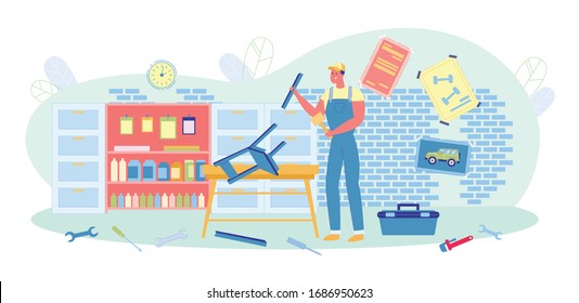 Man in Uniform Making Chair in Workshop or Garage Flat Cartoon Vector Illustration. Repair Guy With Equipment for Woodcraft. Box with Tools Lying on Floor such as Screwdriver, Wrench, Hammer.
