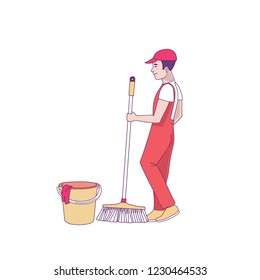 Man in uniform with mop washing the floor. Cleaning service professional cleaner, Vector illustration.
