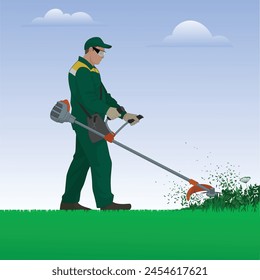 a man in uniform mows the grass with a string trimmer