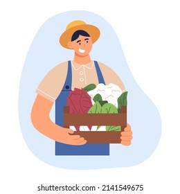 Man in uniform with organic harvest in wood box. Gardening concept. Farmer male character holding crate of fresh vegetables. Work in a garden, farm. Hand draw flat cartoon vector illustration