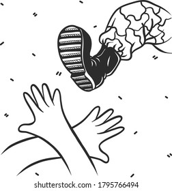 Man in uniform outfit kicks his unarmed opponent who raised hands up. Isolated sketch object. Flat vector illustration
