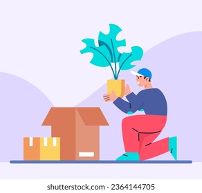 Man in uniform packing big home plant into box. Transportation of home flowers. Work as loader. Moving concept. Flat vector illustration in blue colors in cartoon style