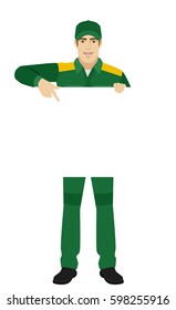 Man in uniform pointing at banner over white. Full length portrait of Delivery man or Worker in a flat style. Vector illustration.