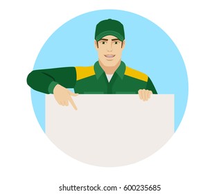 Man in uniform pointing at banner over white. Portrait of Delivery man or Worker in a flat style. Vector illustration.
