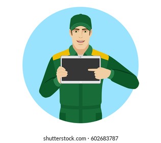 Man in uniform pointing at blank digital tablet PC. Portrait of Delivery man or Worker in a flat style. Vector illustration.