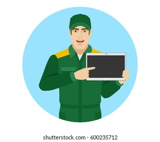 Man in uniform pointing at digital tablet PC. Portrait of Delivery man or Worker in a flat style. Vector illustration.