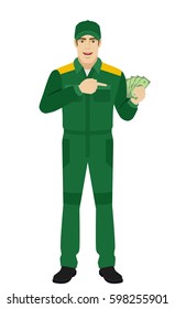 Man in uniform pointing at money in his hand. Full length portrait of Delivery man or Worker in a flat style. Vector illustration.