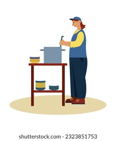 Hombre con uniforme prepara comida caliente como caridad en la cocina. Donación de alimentos para las personas necesitadas. Cocina voluntaria, ayuda y asistencia. Ilustración vectorial plana en colores azul y amarillo