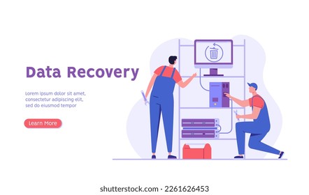 Man in uniform repairing HDD. Restoration process. Data recovery, data storage backup, hardware disk repair service. Vector illustration in flat cartoon design