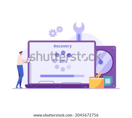 Man in uniform repairing HDD. Restoration process. Data recovery, data storage backup, hardware disk repair service. Vector illustration in flat cartoon design.