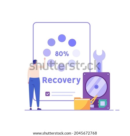 Man in uniform repairing HDD. Restoration process. Data recovery, data storage backup, hardware disk repair service. Vector illustration in flat cartoon design.