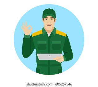 Man in uniform showing a okay hand sign and holding digital tablet PC. Portrait of Delivery man or Worker in a flat style. Vector illustration.