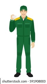 Man in uniform shows the business card. Full length portrait of Delivery man or Worker in a flat style. Vector illustration.