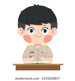 man in uniform sitting at a desk with a book