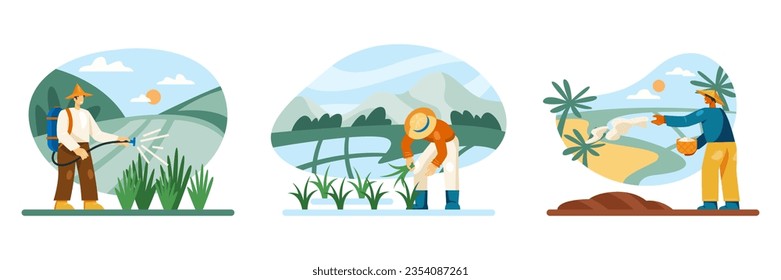 Man in uniform spraying rice bushes with special solution or fertilizer. Worker working on rice plantation. Man sowing rice in field. Vector illustration in cartoon style