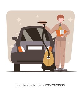 Man in uniform standing near clean car, holding detergent and vacuum cleaner. Clean dirt on machine under high water pressure. Flat vector illustration in blue and brown colors