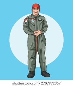 Um homem de uniforme está de pé com uma bengala sobre um fundo azul claro com um círculo branco atrás dele.
