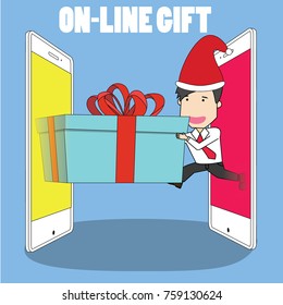 Man in uniform take out from a smart phone and gift box another phone. Vector illustration flat style.