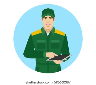 Man in uniform uses digital tablet PC. Portrait of Delivery man or Worker in a flat style. Vector illustration.