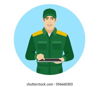 Man in uniform uses tabletdigital tablet PC. Portrait of Delivery man or Worker in a flat style. Vector illustration.
