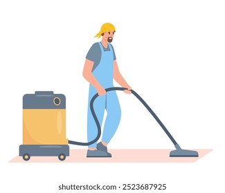 Man in uniform with vacuum cleaner. Male character doing housework. Professional cleaner worker. Vector illustration on white background.
