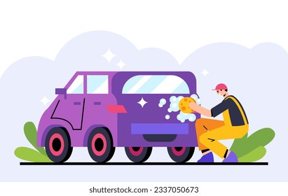 Man in uniform washing automobile. Clean dirt on machine under high water pressure. Place for auto transport wash. Flat vector illustration in cartoon style