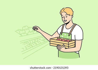 Man In Uniform Working In Supermarket. Male Employee Busy In Fruit Shop Or Store. Occupation. Vector Illustration. 