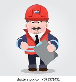 A man in uniform working with a tablet and a protective helmet.