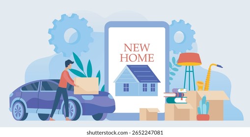 Homem descarregando caixas do carro com itens de casa, smartphone grande com texto New Home, fundo de engrenagens abstratas, conceito de realocação. Ilustração vetorial