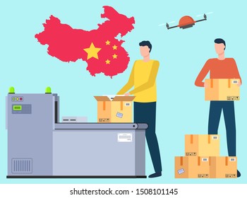 Man Unloading Or Loading Parcels For International Shipping. Worldwide Transportation And Delivery Cargo. Import And Export Of Products. Flag Of China On Background. Drone Delivery. Vector Flat Style