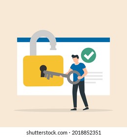 Man unlocking huge padlock with key. Data privacy, information privacy regulation, personal data protection concept. Vector illustration
