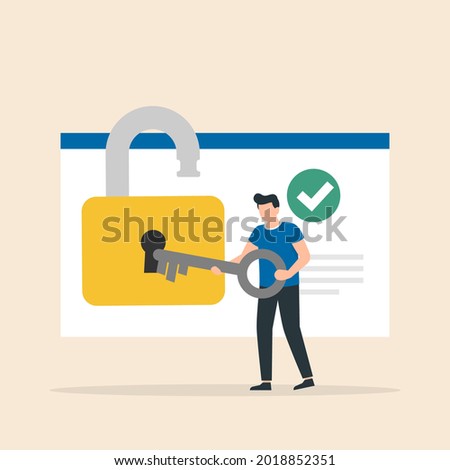 Man unlocking huge padlock with key. Data privacy, information privacy regulation, personal data protection concept. Vector illustration