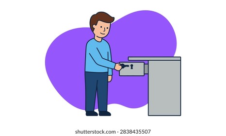 Man unlocking a metal box with a key. Flat vector character illustration on purple background.