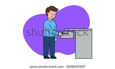 Man unlocking a metal box with a key. Flat vector character illustration on purple background.