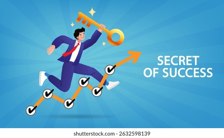 Man unlocking padlock with key. Businessman unlocking a large padlock with a golden key, symbolizing the key to success, breakthrough, and business solution. modern vector, flat design , illustration.