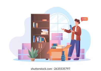 Man unpacking books and arranging them on a bookshelf in a cozy room with boxes, indoor plant, and window in background. Concept of moving or relocation. Vector illustration
