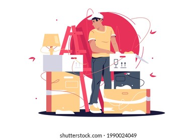 Man unpacking boxes after moving in vector illustration. Young guy sort out belongings in new apartment flat style. New house, relocation process concept. Isolated on white background