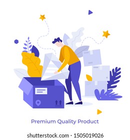 Man unpacking parcel and taking giant diamond, jewel or gemstone out of box. Concept of premium quality product delivery, purchase of luxury good, vip customer bonus. Modern flat vector illustration.