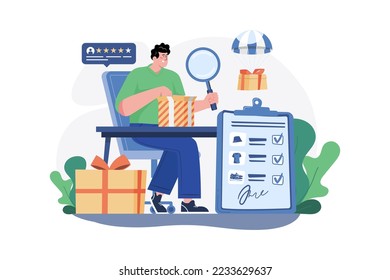 Man unpacking post-delivery with a magnifying glass