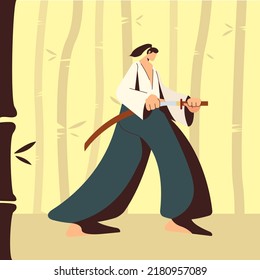 A man unsheathing a katana. A samurai doing training in the middle of the bamboo forest. A man training kendo. Landing page illustration. Vector flat design