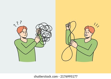 Man Untangle Puzzle Find Answers To Mental Problems. Unhappy And Happy Male After Psychological Session. Mind And Stress Relieve Concept. Vector Illustration. 