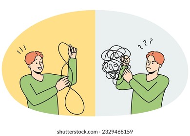 Man untangle puzzle find answers to mental problems. Unhappy and happy male after psychological session. Mind and stress relieve concept. Vector illustration.