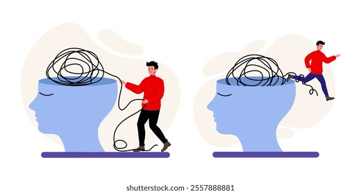 Man untangles thoughts in a creative representation of mental clarity and organization