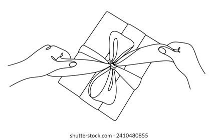 A man unties a bow in which a book is wrapped. Receive a book as a gift. Unpacking a gift. Vector illustration. Images produced without the use of any form of AI software at any stage. 