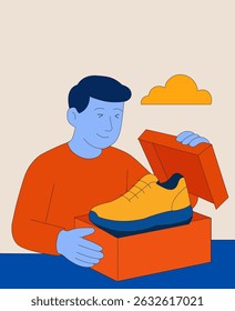 A man unveils a brand new shoe from a stylish box, highlighting a moment of excitement and anticipation. Focus is on a fashionable yellow shoe as he gently lifts the lid.