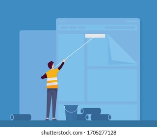 El hombre actualiza el contenido del sitio. Vector plano de cuna de construcción 
