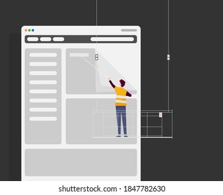 Man updates content on the site. Construction cradle flat vector 