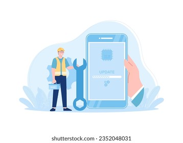 man está actualizando el concepto de tendencia de software de dispositivo e ilustraciones planas
