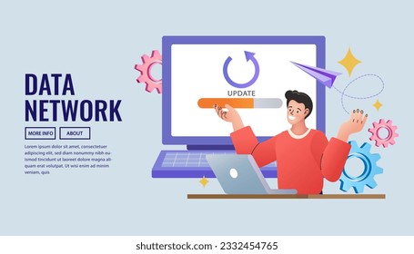 Man upgrading the program. data network installation development. PC bug fixing installing update process, Diverse team upgrade app program. Man in laptop updates operating system. vector illustration