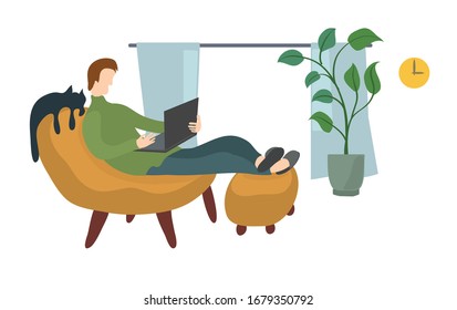 a man in an upholstered chair works with a laptop in a home environment. comfortable remote work